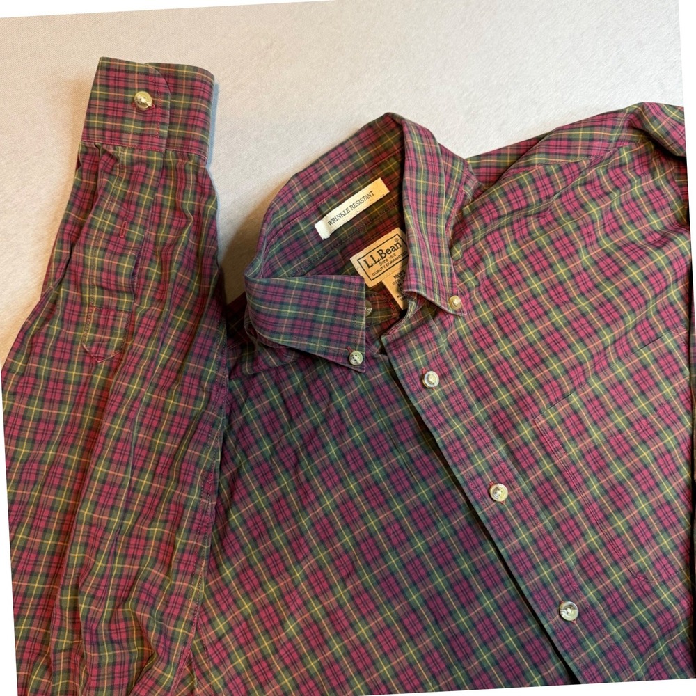 VTG LL Bean Mens Wrinkle Resistant Plaid Button Down Shirt Burgundy Green Med